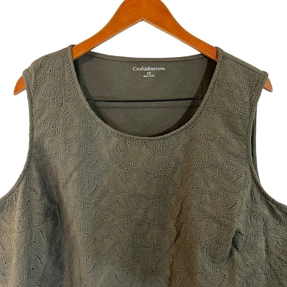 Croft & Barrow Olive Green Tank Top Plus Size 2X Paisley Embroidered Textured - Picture 3 of 4